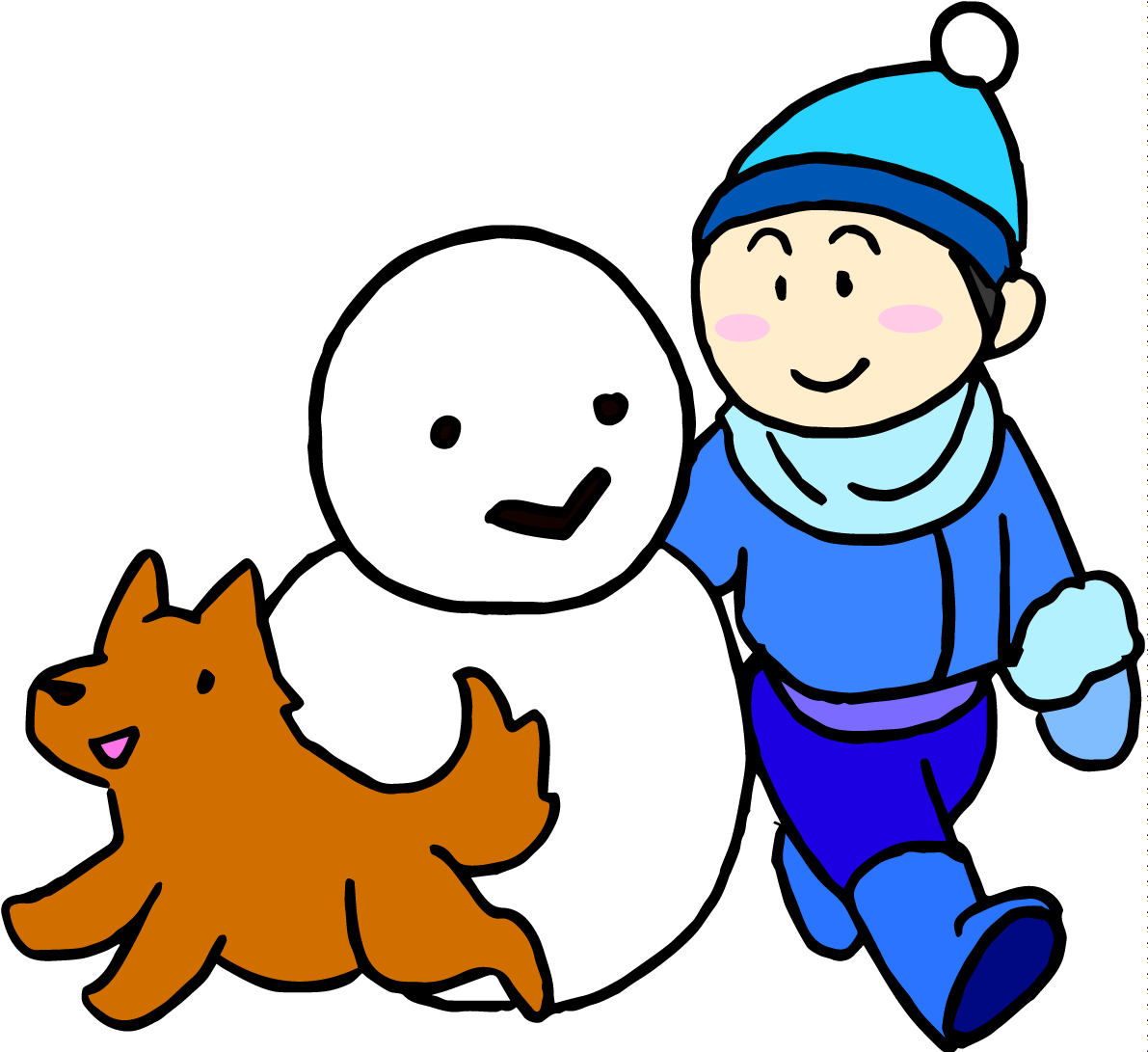 学校の冬イラスト(雪だるまと男の子)37444に写真・文字を入れる