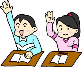 学校の無料イラスト(授業中に挙手する男の子と女の子)37501