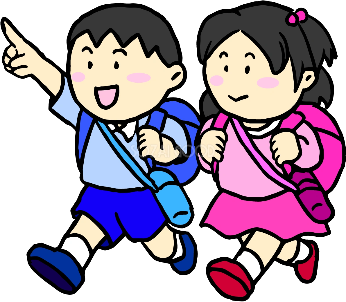 学校の無料イラスト(春の遠足で男の子と女の子)37517