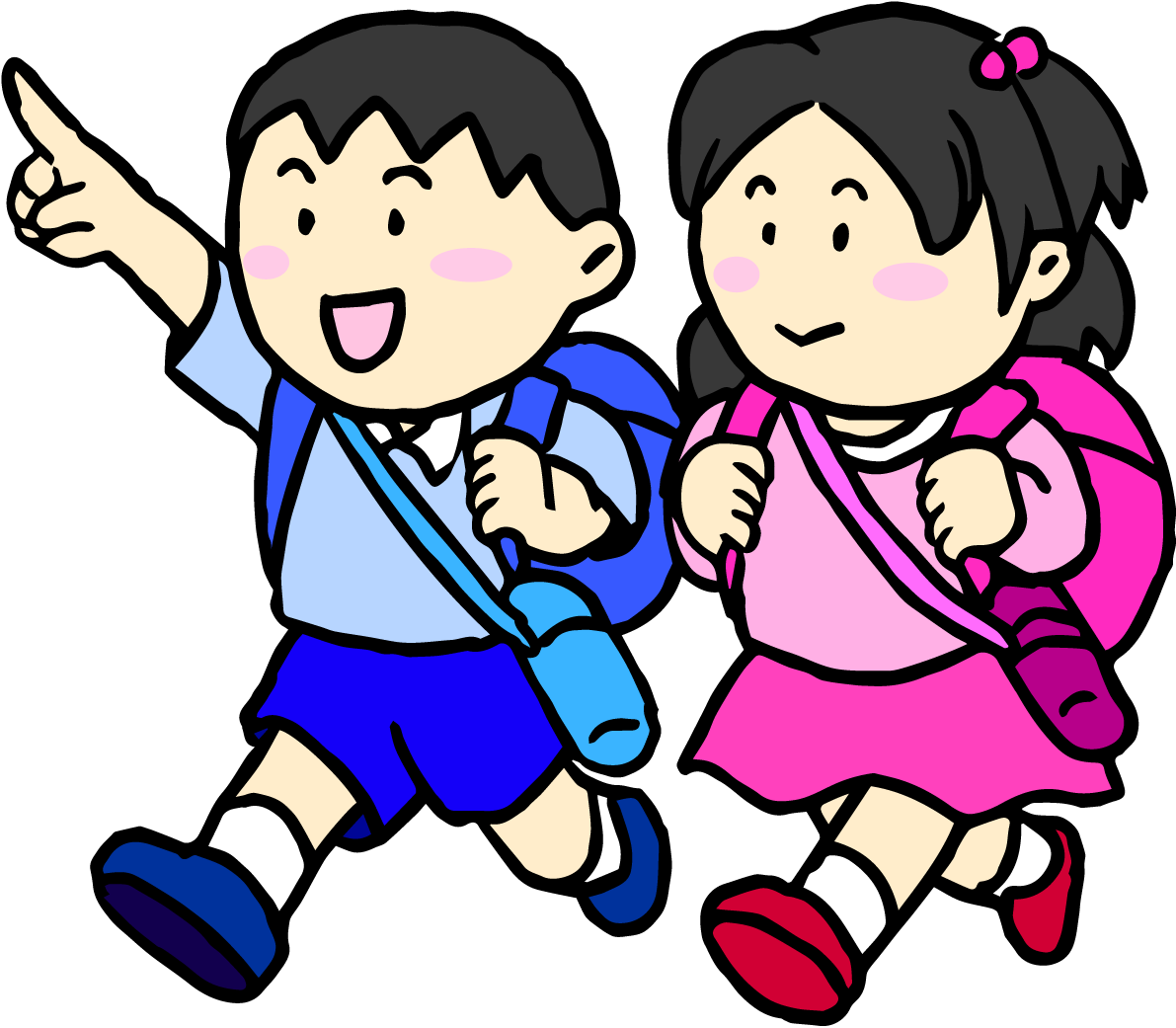 学校の無料イラスト(春の遠足で男の子と女の子)37517に写真・文字を入れる