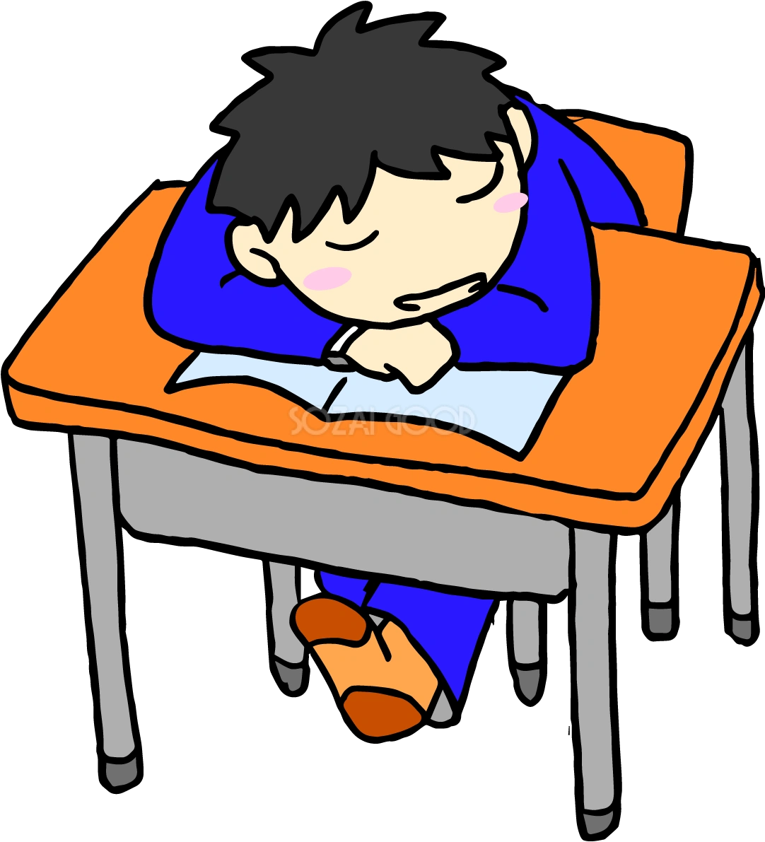 学校の無料イラスト(勉強中や授業中にいねむりする男の子)37541