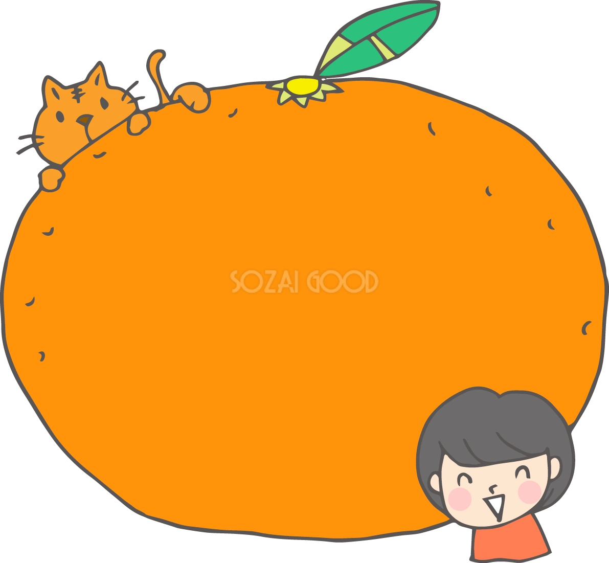 冬の枠 無料イラスト( みかんと猫と女の子)38506