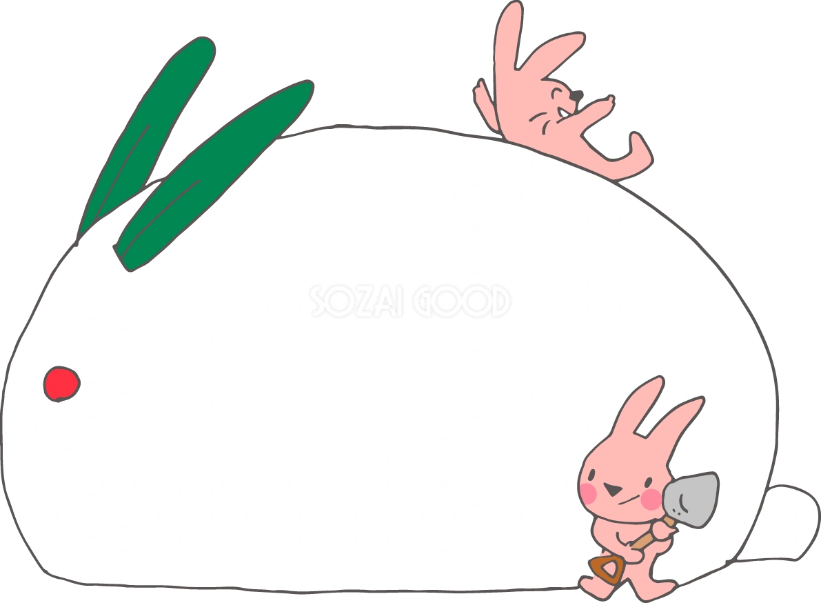 冬の枠 無料イラスト( 雪うさぎとうさぎ)38519