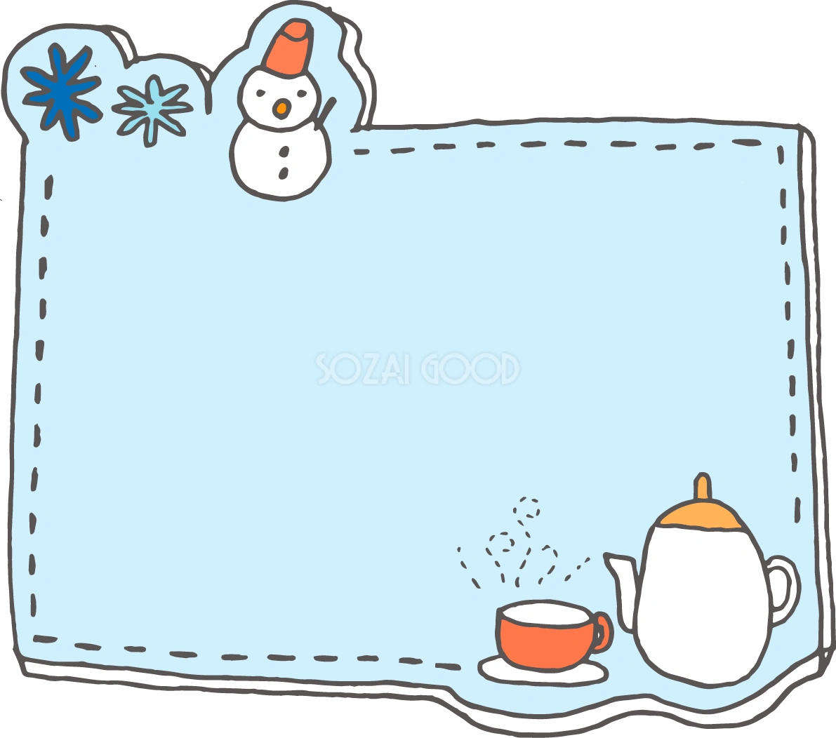 冬の枠 無料イラスト( 雪とお茶と結晶)38523