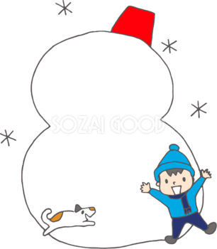冬の枠 無料イラスト( 男の子と犬と雪だるま)38534