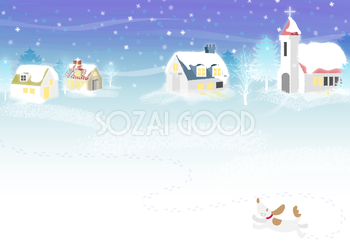 冬の背景イラスト(雪景色で遊ぶ犬と可愛い家)38707
