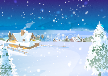 冬の背景イラスト(雪積もる家と景色・風景)38715
