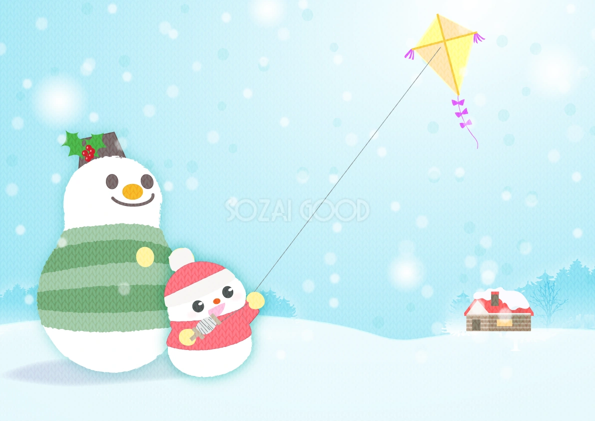 冬の背景イラスト(凧揚げする雪だるまの親子)38735
