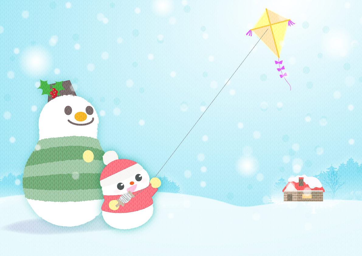 冬の背景イラスト(凧揚げする雪だるまの親子)38735に写真・文字を入れる