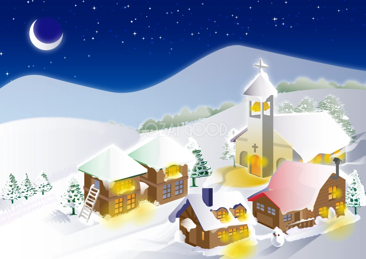 冬の背景イラスト(夜の雪景色・風景)38739