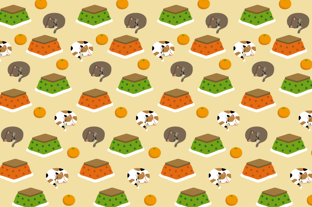 冬の背景フリーイラスト(パターン 猫とこたつとみかん)38777に写真・文字を入れる