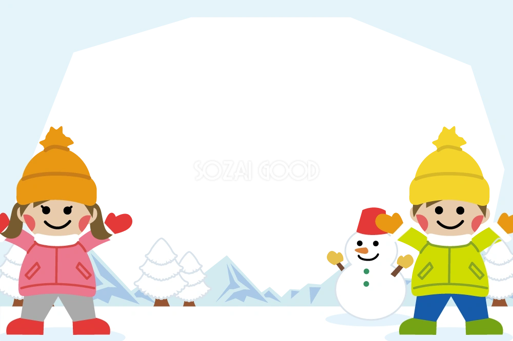 冬の背景イラスト無料(雪遊びする子供)38974