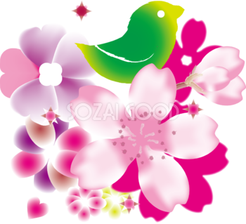 かわいい桜 春の花びらイラスト(インパクト&鳥)39556