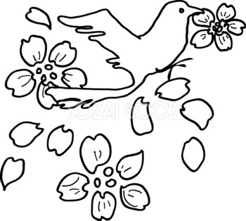 白黒の桜イラスト おしゃれ(花びらくわえる鳥)39640