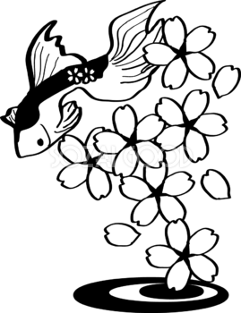 白黒の桜イラスト おしゃれ(鯉と花びら)39648