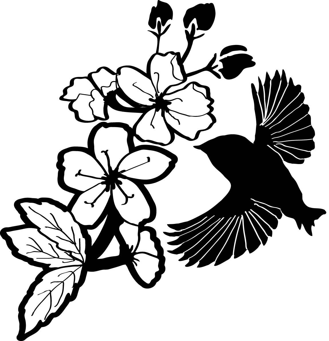 白黒の桜イラスト おしゃれ(鳥と枝)39664に写真・文字を入れる
