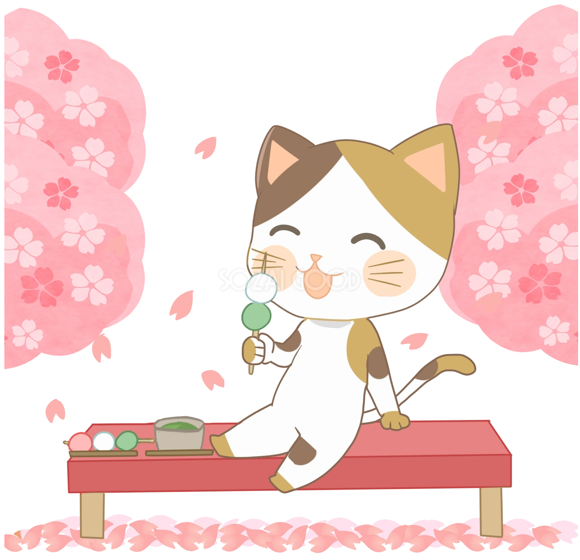 花見宴会をする猫の笑顔キャラクター(春)無料イラスト4081