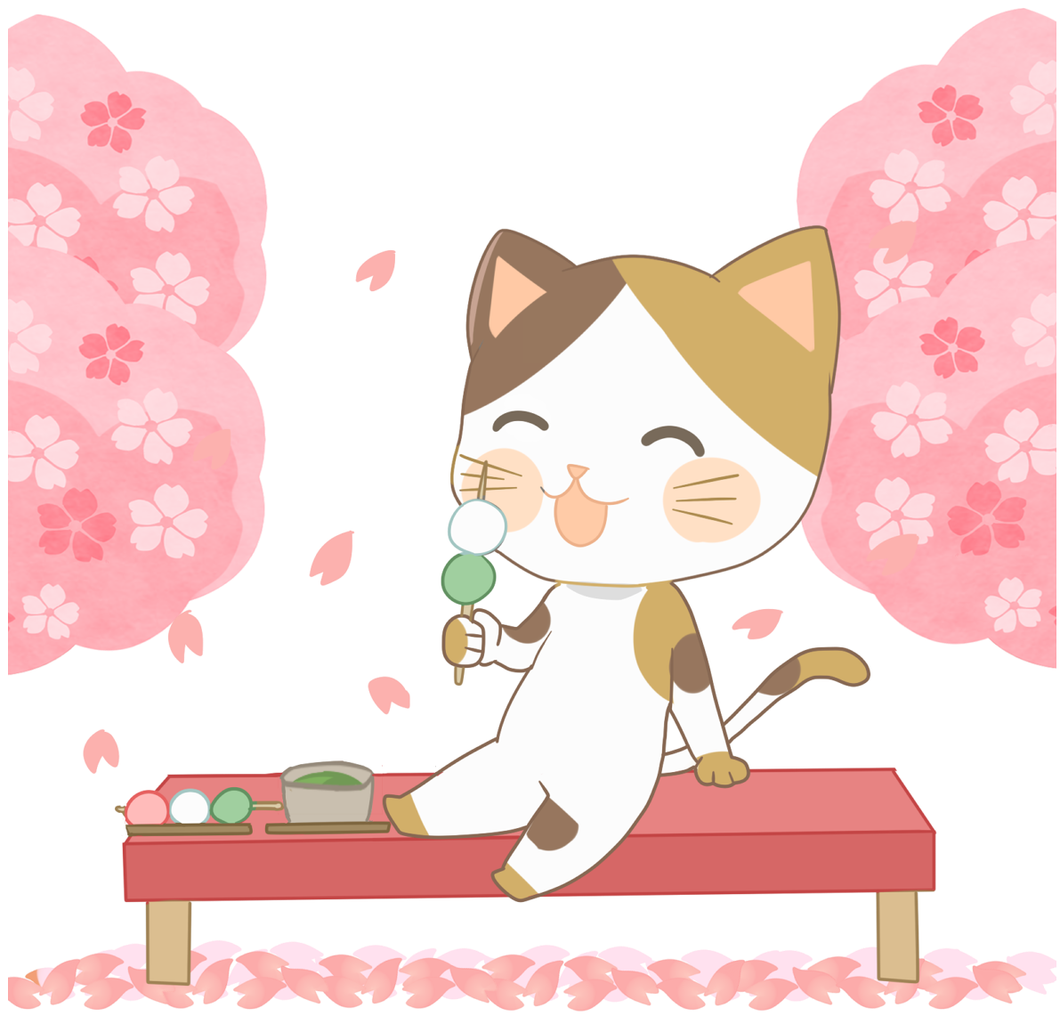 花見宴会をする猫の笑顔キャラクター(春)無料イラスト4081に写真・文字を入れる