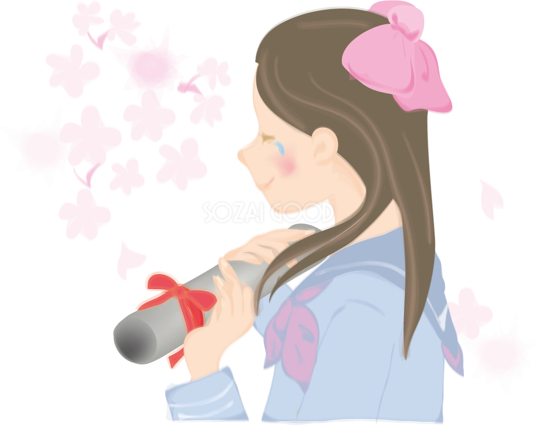 卒業式に桜を背景に女子高生が悲しそうに涙を流す無料イラスト40870