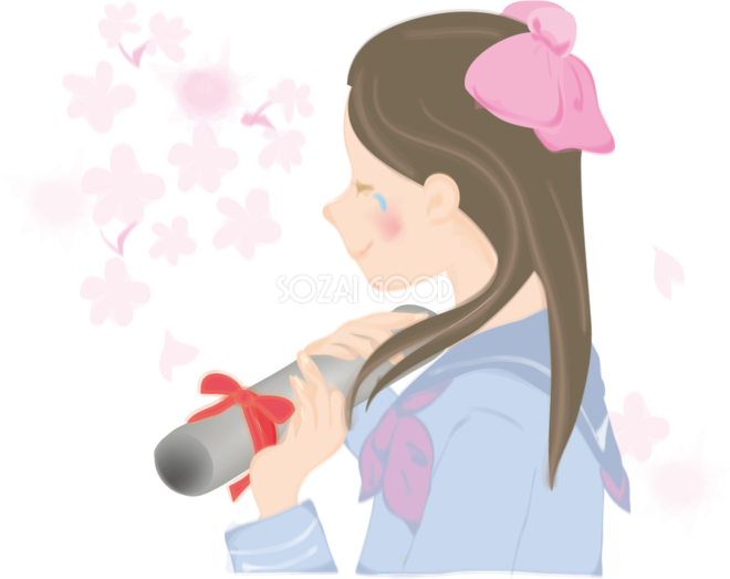 卒業式に桜を背景に女子高生が悲しそうに涙を流す無料イラスト 素材good