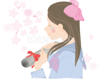 卒業式に桜を背景に女子高生が悲しそうに涙を流す無料イラスト40870