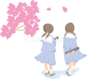 卒業式 桜 女子高生後ろ姿 無料イラスト 素材good