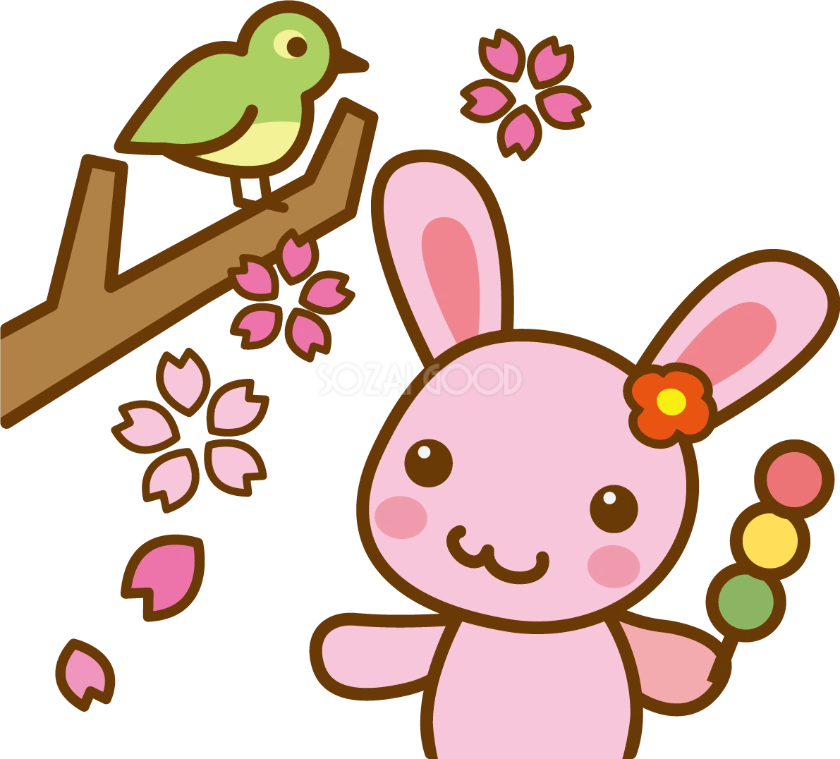 うぐいすとウサギのかわいい無料イラスト-春41415