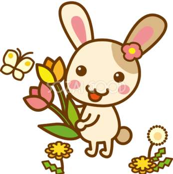 ウサギと花のかわいい無料イラスト-春41419
