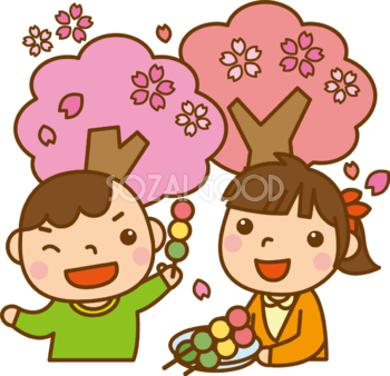 桜お花見をしながら宴会する子供のかわいい無料イラスト-春4142