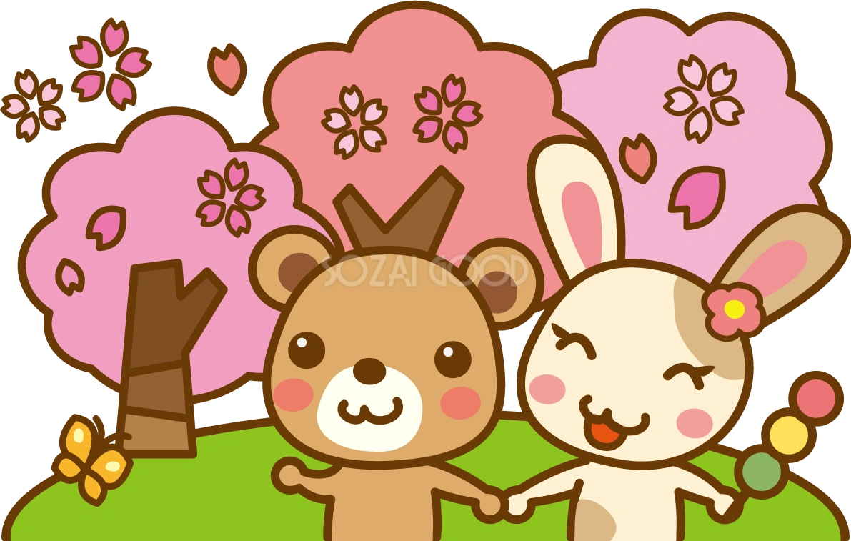 お花見をする動物達のかわいい無料イラスト-春41431