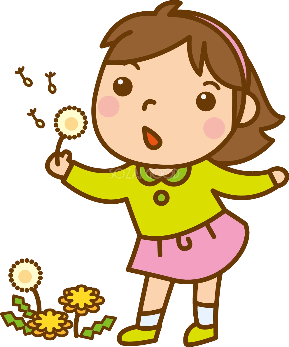 たんぽぽと女の子のかわいい無料イラスト-春41443