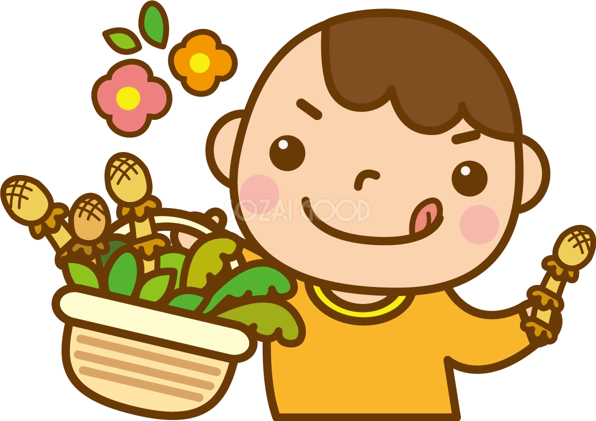 春の山菜をとる男の子のかわいい無料イラスト-春41531
