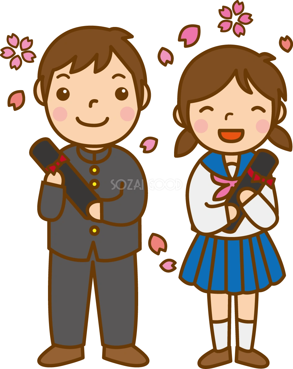卒業式する男の子と女の子のかわいい無料イラスト-春41543