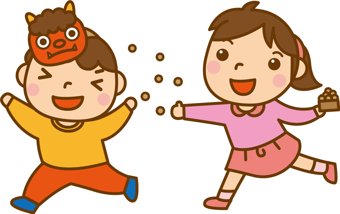 赤鬼のお面をつけ豆まき行事をする子ども達のかわいい無料イラスト41571に写真・文字を入れる
