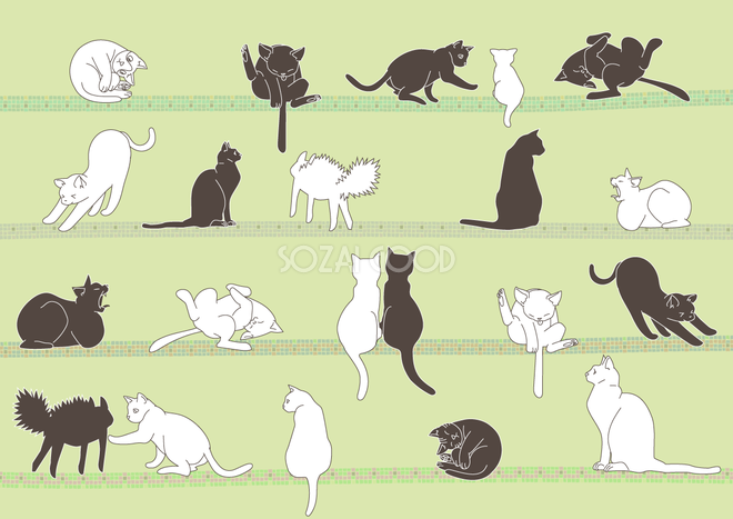 おしゃれな白と黒の猫の色々なポーズの背景無料イラスト 素材good