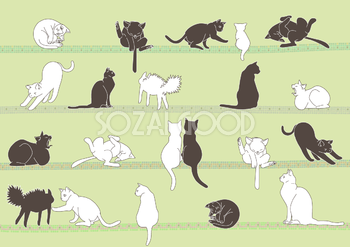 おしゃれな白と黒の猫の色々なポーズの背景無料イラスト／42191