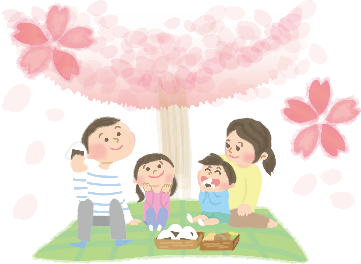 桜をお花見宴会 家族・親子の無料イラスト／春42262に写真・文字を入れる