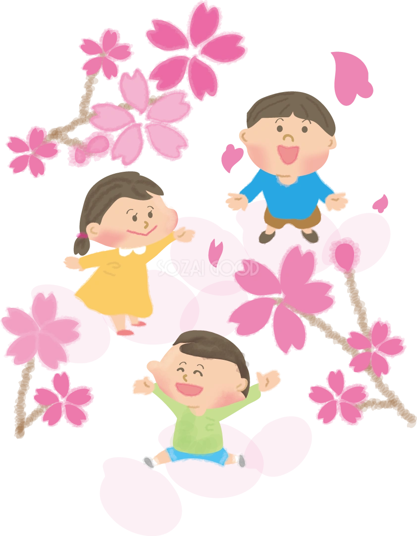 お花見の子供達の無料イラスト/春42282
