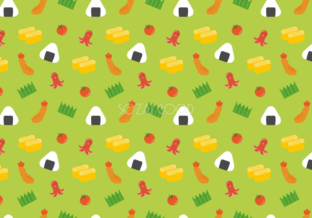 かわいいお弁当柄の背景(緑 グリーン)無料イラスト／食べ物42788