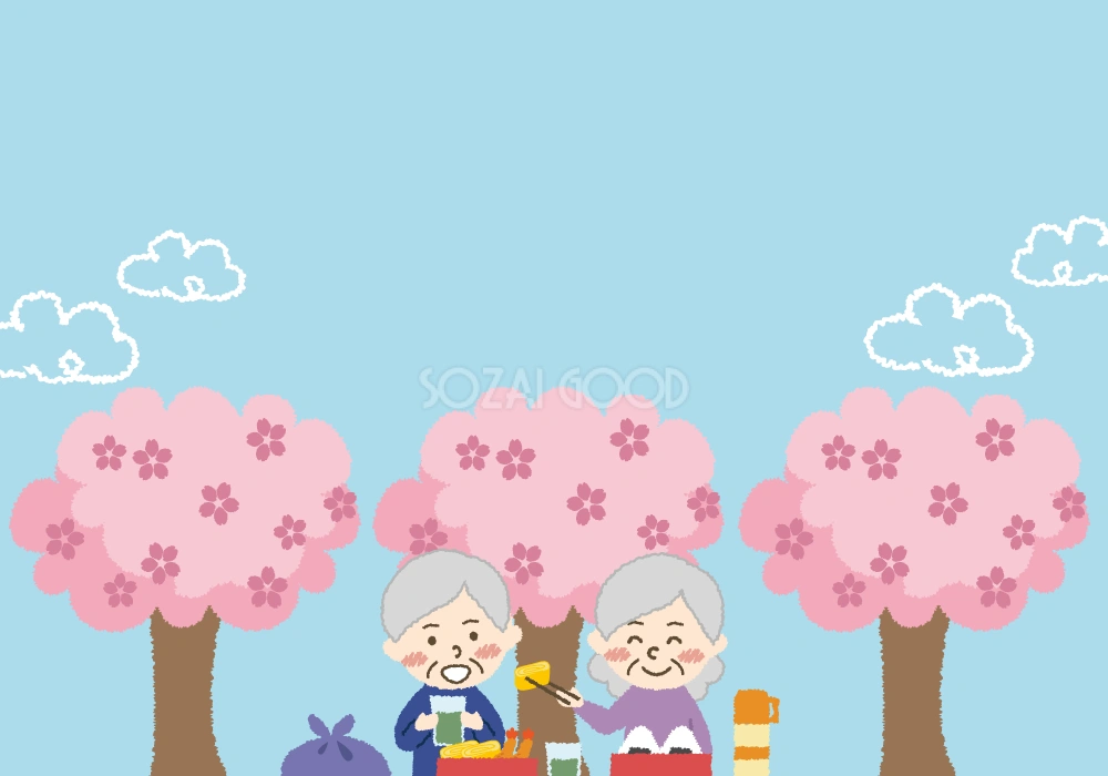 老夫婦のお花見の背景無料イラスト/春42937