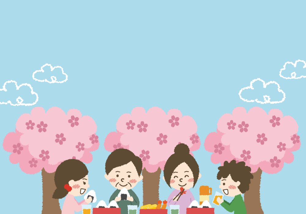 家族・親子のお花見の背景無料イラスト／春42941に写真・文字を入れる