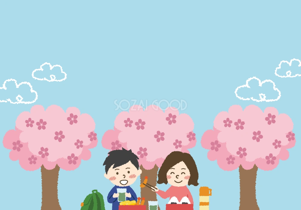 男女お花見の背景無料イラスト/春42945