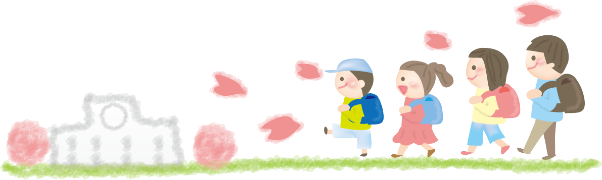 桜散るなか登校する子供達のライン無料イラスト／学校 新学期43188に写真・文字を入れる