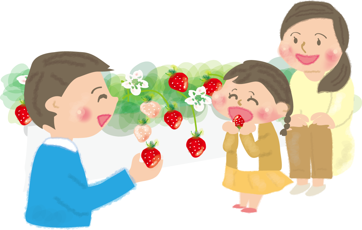 いちご狩りをする家族親子の無料イラスト／冬43208に写真・文字を入れる