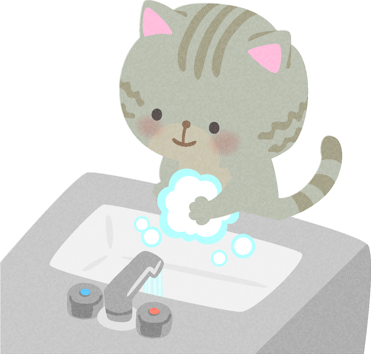 手洗いする猫の無料イラスト／医療／健康43743に写真・文字を入れる