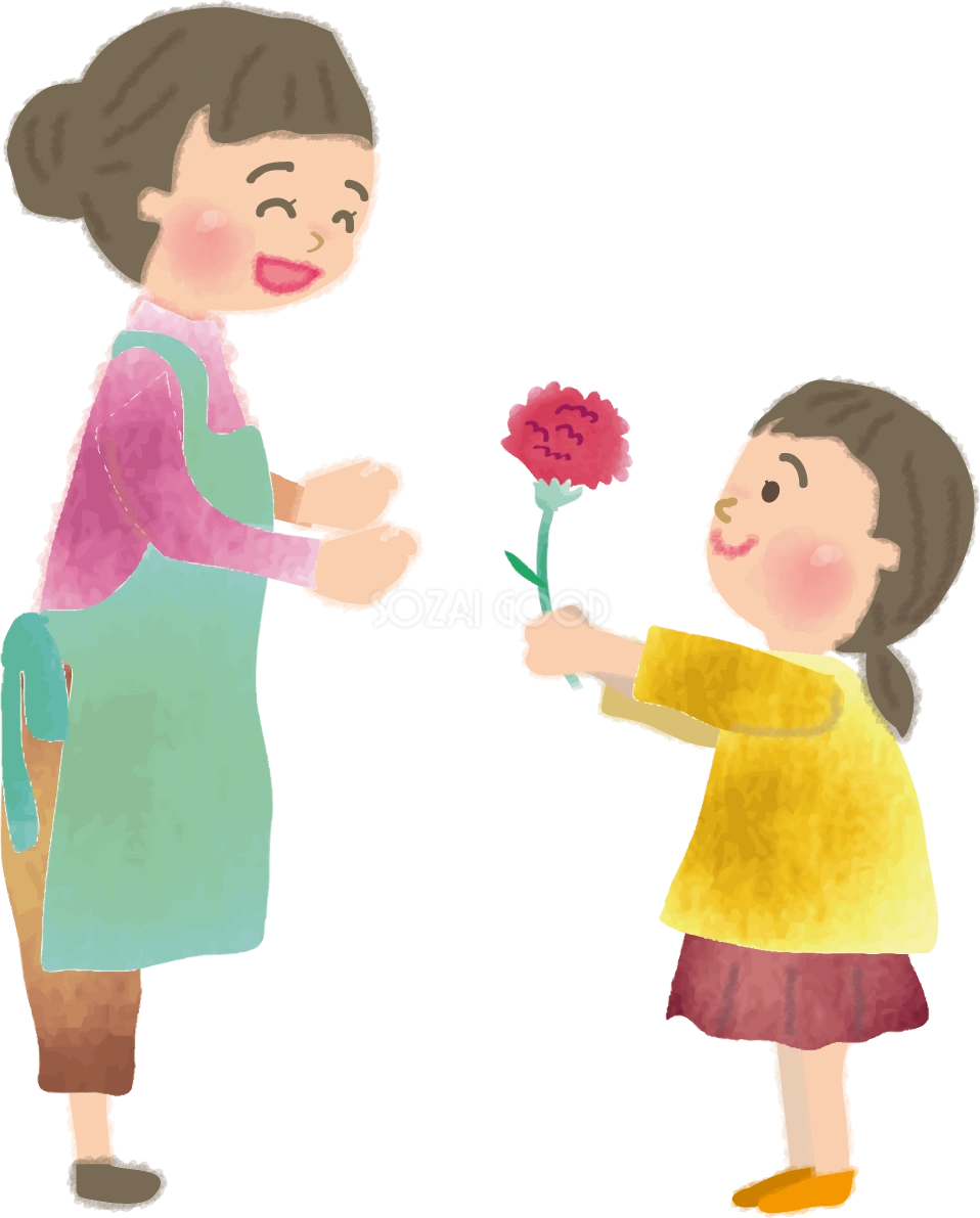 カーネーションをお母さんに渡す女の子の無料イラスト/母の日44451