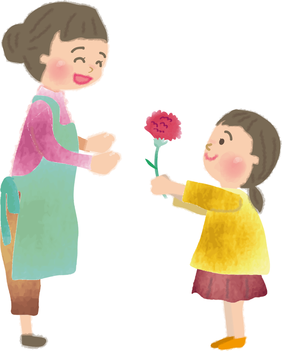 カーネーションをお母さんに渡す女の子の無料イラスト／母の日44451に写真・文字を入れる