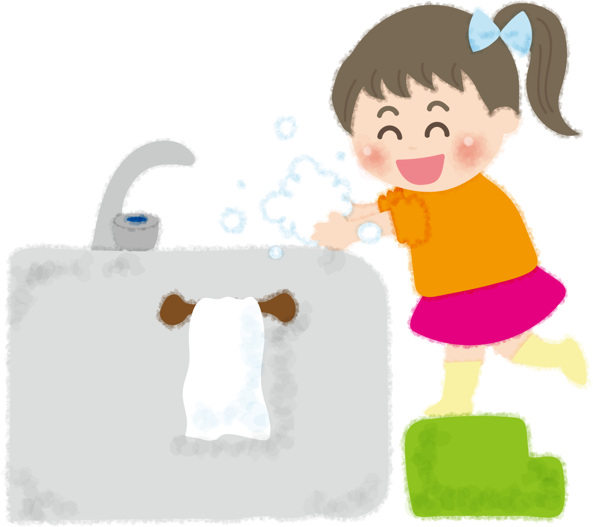 手洗いする女の子の無料イラスト／幼稚園45688に写真・文字を入れる