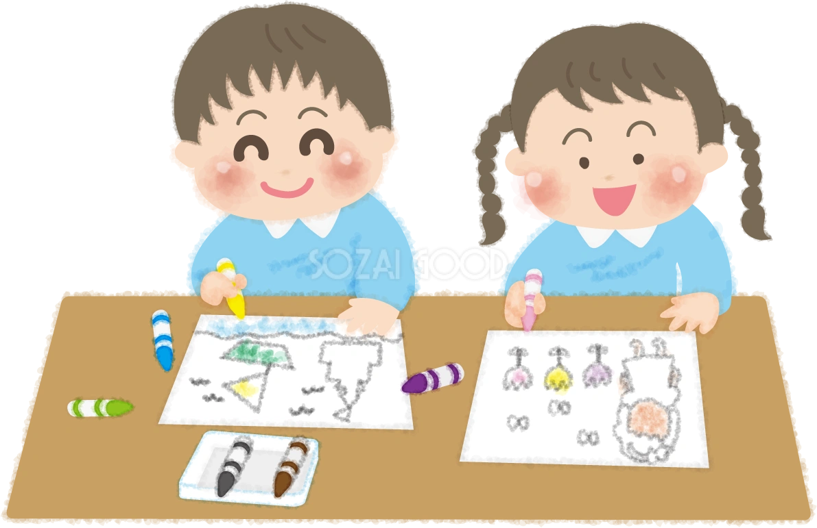 塗り絵をする子供達の無料イラスト/幼稚園45708
