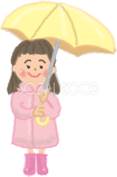 カッパ（レインコート）を着て傘をさす女の子の無料イラスト／梅雨45844